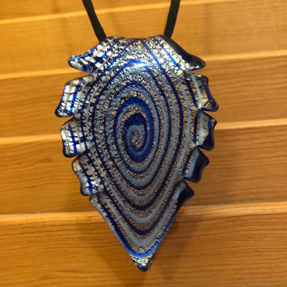 Stunning Silver and Blue Glass Pendant on Rope Necklace